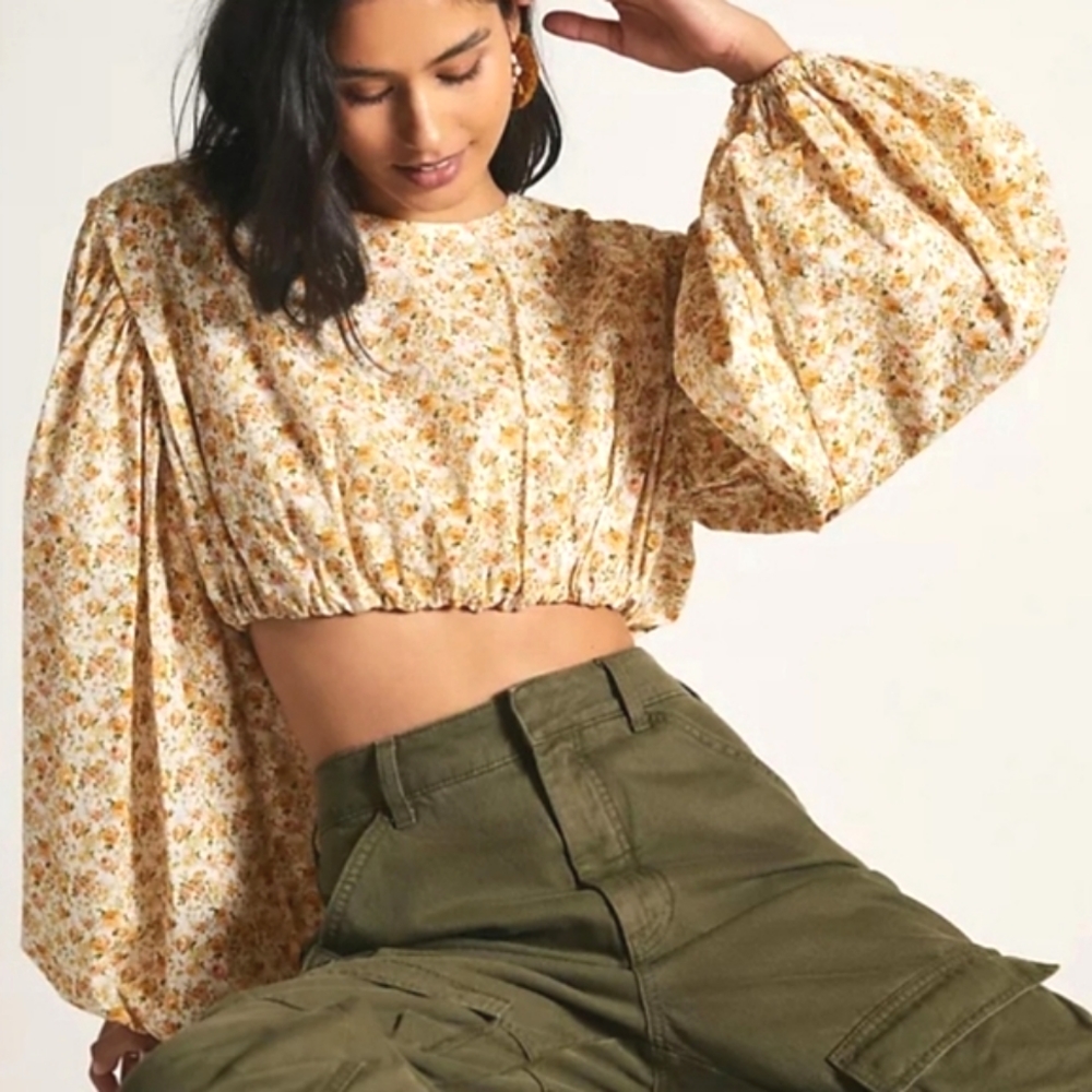 Anthropologie Significant Other Balloon Sleeves‎ Cropped Blouse Ditsy Flo…